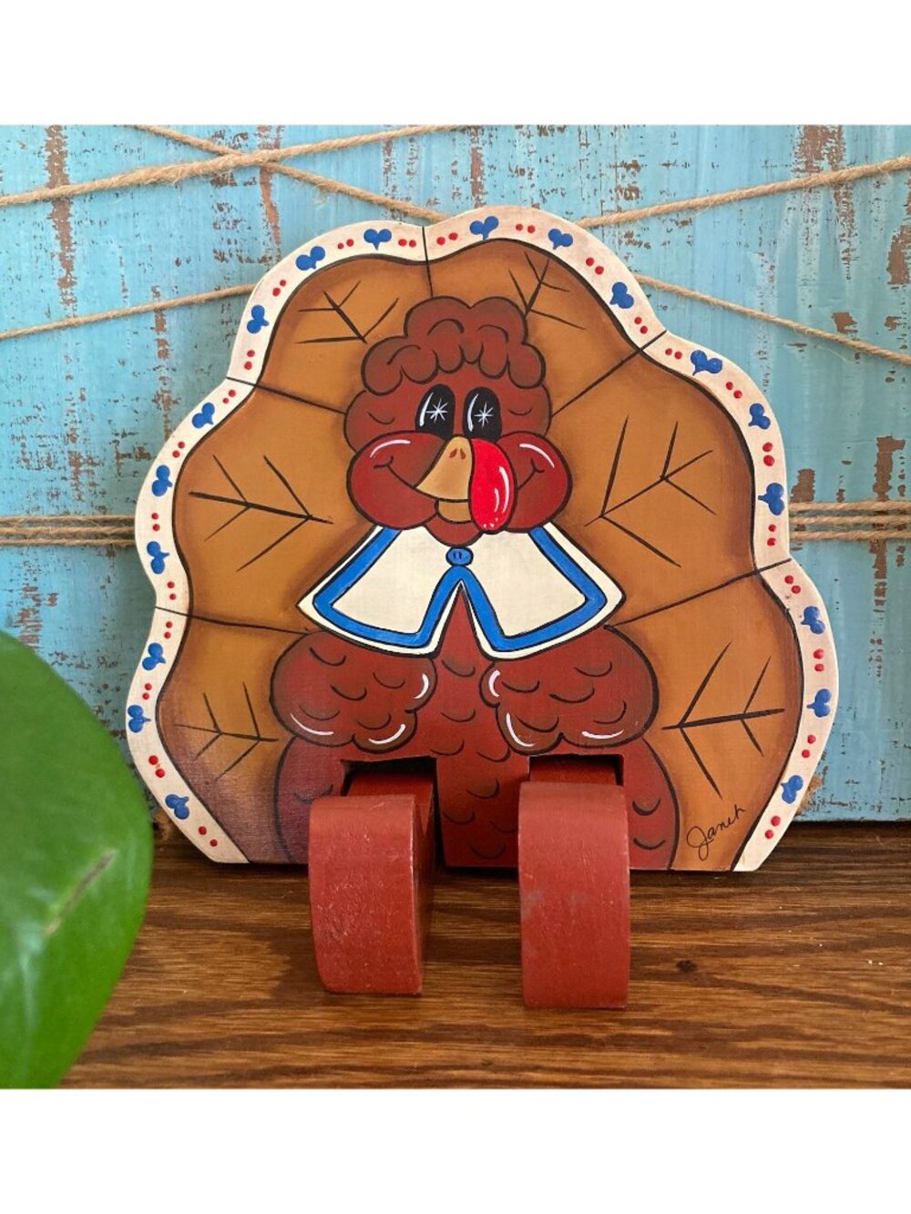 Handmade Wooden Grannycore Thanksgiving Fall Turkey Shelf Sitter Blue Hearts